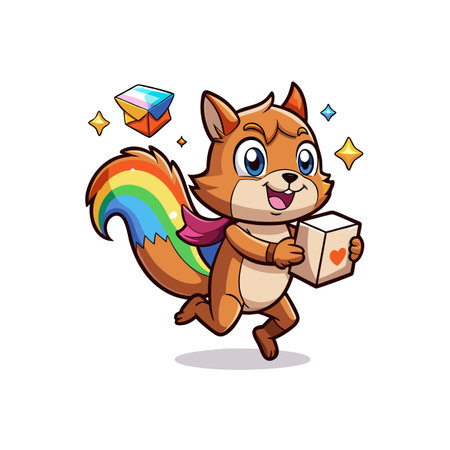 Cute cartoon squirrel delivering gift with rainbow tail vectorのイラスト素材