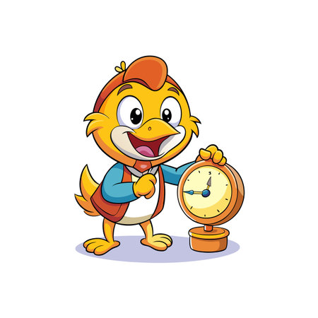 Cartoon bird character holding clock showing the time threeのイラスト素材