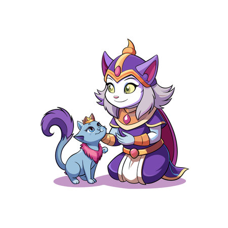 Cartoon cat character interacts with kitten in regal attireのイラスト素材