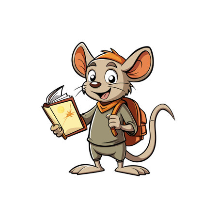 Cartoon mouse student with backpack reading a fairy taleのイラスト素材