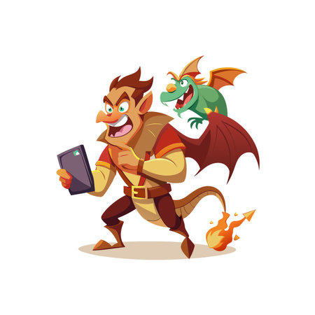 Cartoon imp with dragon using tablet and running forwardのイラスト素材