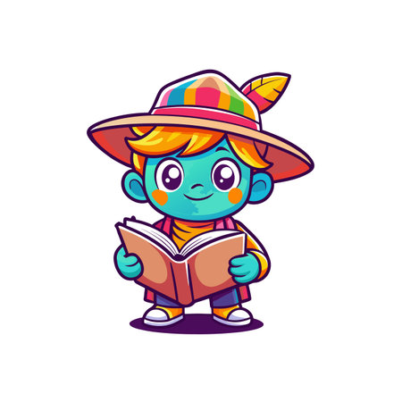 Whimsical Cartoon Boy Reading Book with Colorful Striped Hatのイラスト素材