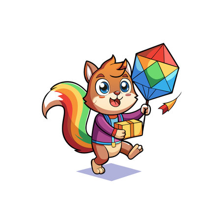 Cartoon squirrel with kite and gift box illustrationのイラスト素材