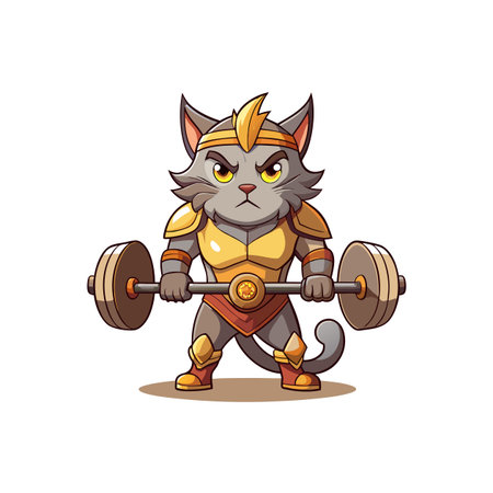 Cartoon cat lifting barbell weight, armored animal character artのイラスト素材
