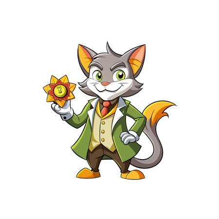 Cat cartoon character holding a number one flower trophyのイラスト素材