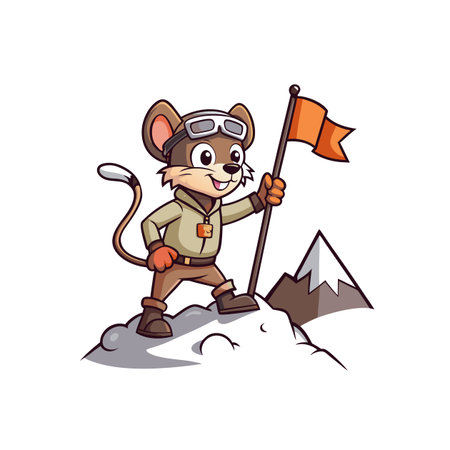 Cartoon mouse on mountain peak planting a flagのイラスト素材