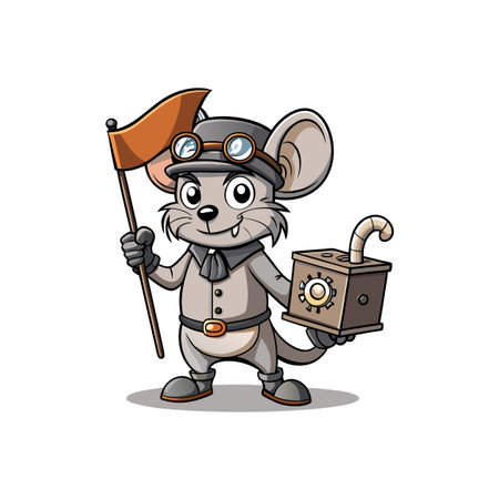 Cartoon mouse steampunk character holding flag and boxのイラスト素材