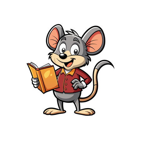 Cartoon mouse character reading an orange book while standingのイラスト素材