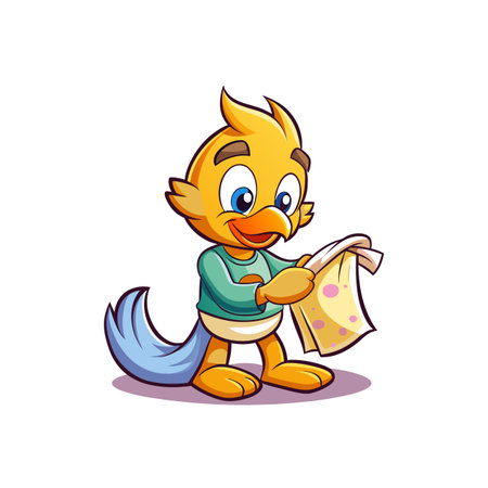 Cartoon bird inspecting a polka dot blanket carefully, happilyのイラスト素材