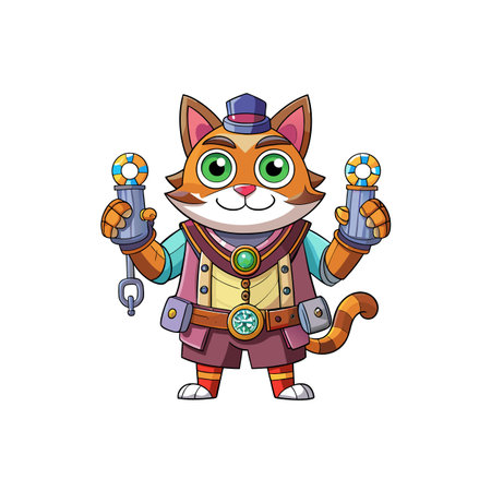 Cartoon steampunk cat character holding tools on white backgroundのイラスト素材