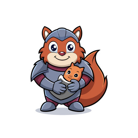Cartoon squirrel knight holding a baby squirrel lovinglyのイラスト素材