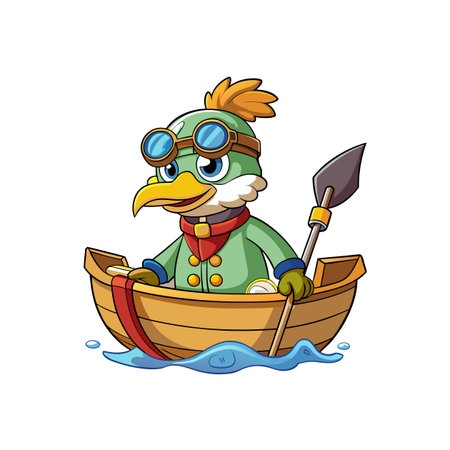 Cartoon bird rowing a boat in a whimsical styleのイラスト素材