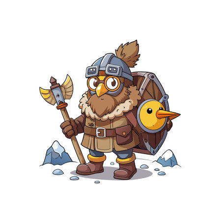 Cartoon owl warrior with axe and duck shield stands guardのイラスト素材