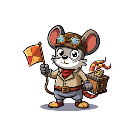 Cartoon mouse in steampunk attire holding signal flagのイラスト素材