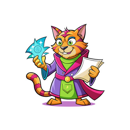 Cartoon cat wizard casting spells with documents in handのイラスト素材