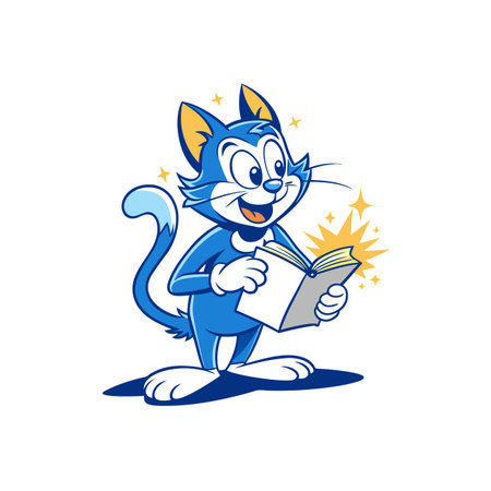 Blue cartoon cat reading book with magical golden sparklesのイラスト素材