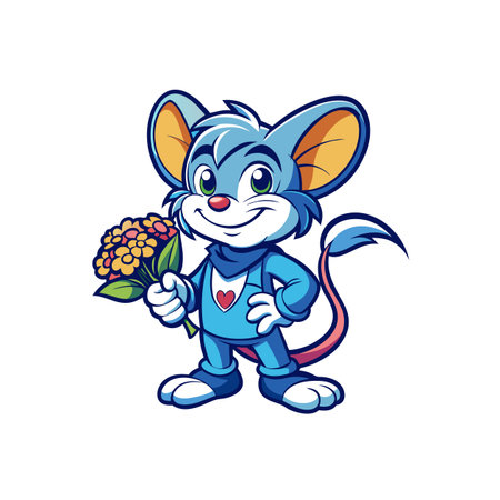 Cartoon mouse holding a bouquet of yellow and orange flowersのイラスト素材