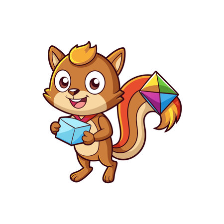 Cheerful squirrel holding a gift and kite cartoon illustrationのイラスト素材