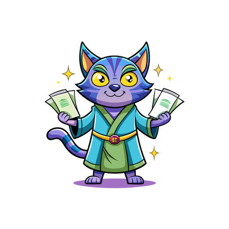 Cartoon cat in kimono with documents, isolated vector illustrationのイラスト素材