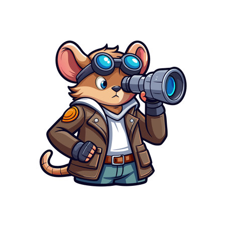 Cartoon mouse aviator with spyglass in adventure seeking poseのイラスト素材