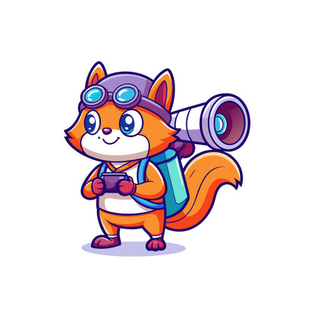 Cartoon squirrel adventurer with telescope and travel gearのイラスト素材