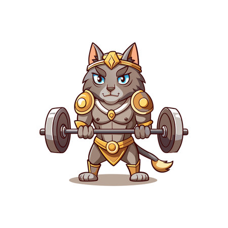 Cartoon cat warrior lifting barbell, vector illustration for strengthのイラスト素材