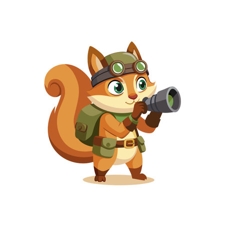 Cartoon squirrel character wearing adventurer gear looking through spyglassのイラスト素材
