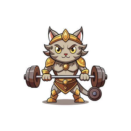 Cartoon cat lifting barbell with warrior golden accessoriesのイラスト素材