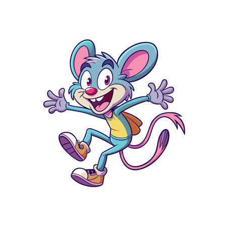 Cartoon mouse character cheerfully jumping with open armsのイラスト素材