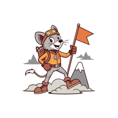 Cartoon mouse climber planting flag on a mountain peakのイラスト素材