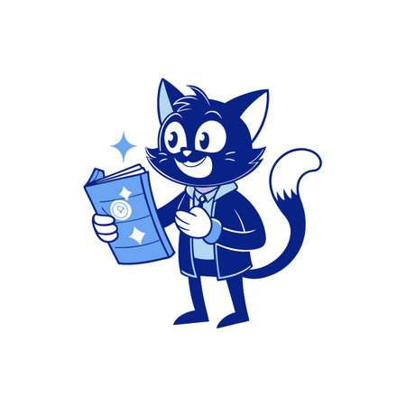 Enthusiastic cartoon cat reading magic book with sparkling pagesのイラスト素材