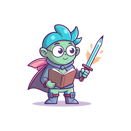 Cartoon mage reading book and wielding magic sword artのイラスト素材