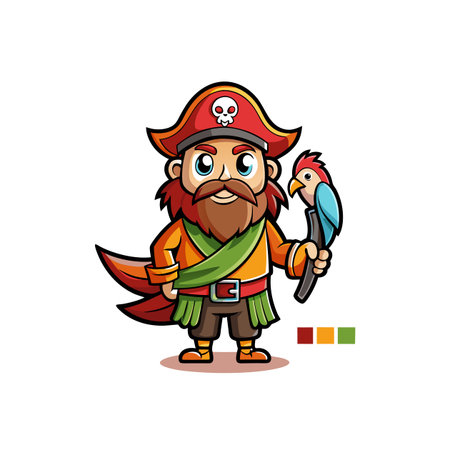 Cartoon pirate with parrot in a flat graphic styleのイラスト素材