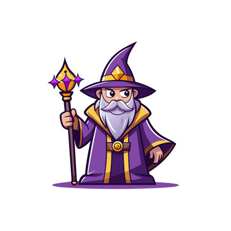 Cartoon wizard character with staff against a white backgroundのイラスト素材