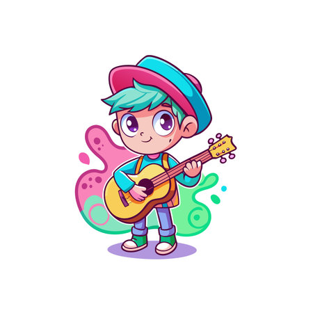 Cartoon kid playing guitar with colorful background swirlsのイラスト素材