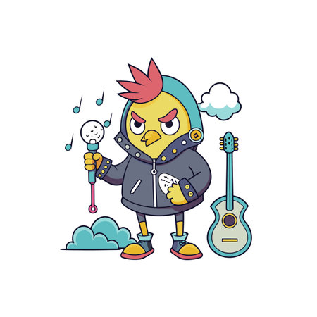 Cartoon bird character singing with microphone and guitarのイラスト素材