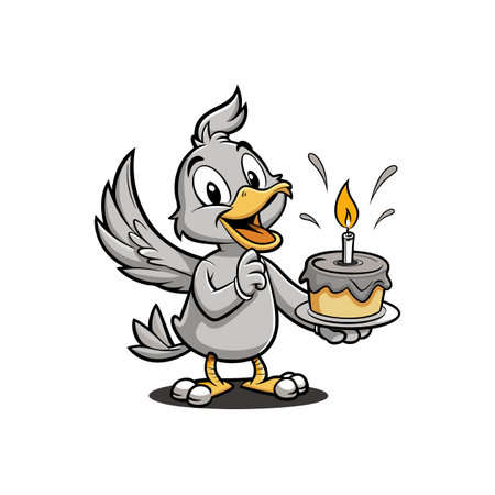 Cartoon bird carrying a birthday cake with candle litのイラスト素材