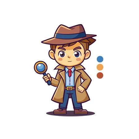 Cartoon detective character with magnifying glass ready for investigationのイラスト素材