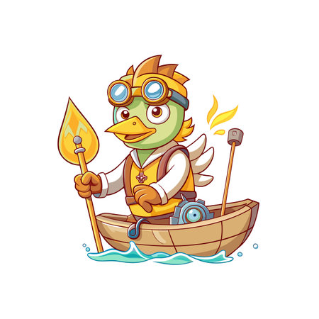 Cartoon bird in steampunk style rowing a wooden boatのイラスト素材
