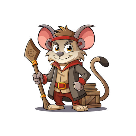 Cartoon mouse adventurer with staff and treasure chestのイラスト素材