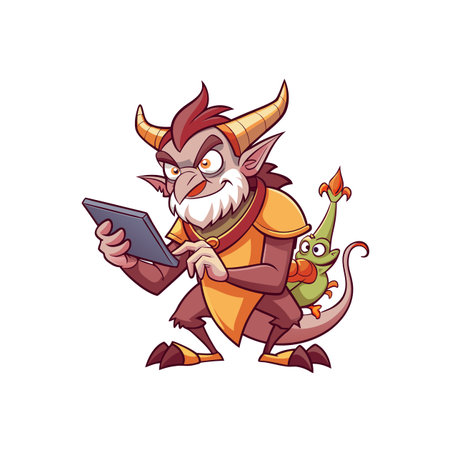 Cartoon horned creature using tablet, with dragon companion illustrationのイラスト素材