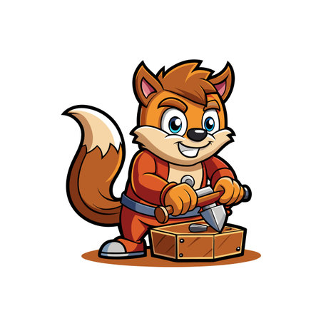Fox Cartoon Character Chiseling Wood Project for Carpentry Conceptのイラスト素材