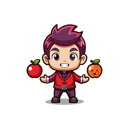 Cartoon boy juggling red and orange happy applesのイラスト素材