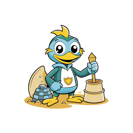 Cartoon bluebird building sandcastles at the beach illustrationのイラスト素材