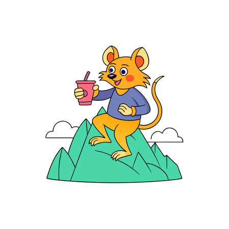 Cartoon mouse sitting on a mountain drinking a beverageのイラスト素材