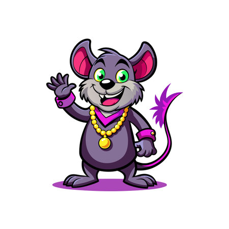 Cartoon mouse character waving, wearing gold chain necklace jewelryのイラスト素材