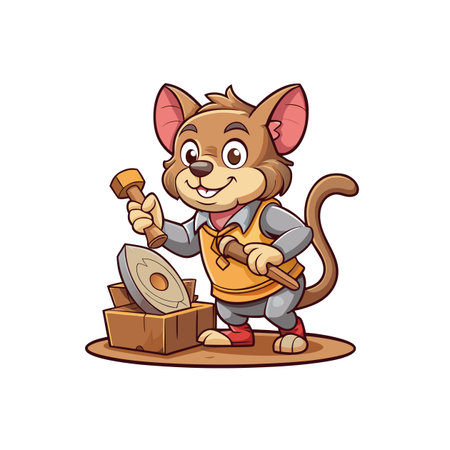Cartoon mouse working with tools and wood with a smileのイラスト素材