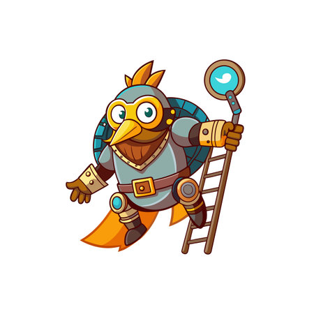 Steampunk bird character with ladder and staff illustrationのイラスト素材