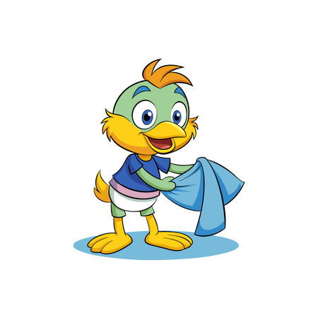 Cartoon baby bird playing with a blue cloth toyのイラスト素材