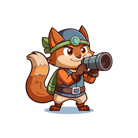 Cartoon fox adventurer peering through a telescope illustrationのイラスト素材